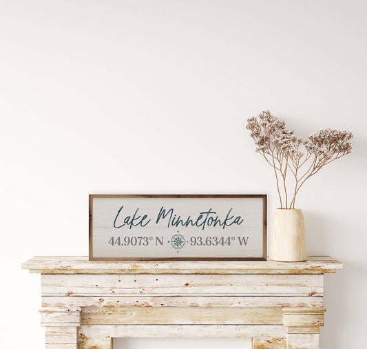 Personalized Lake Coordinates And Compass Whitewash: 48 x 16 x 1.5
